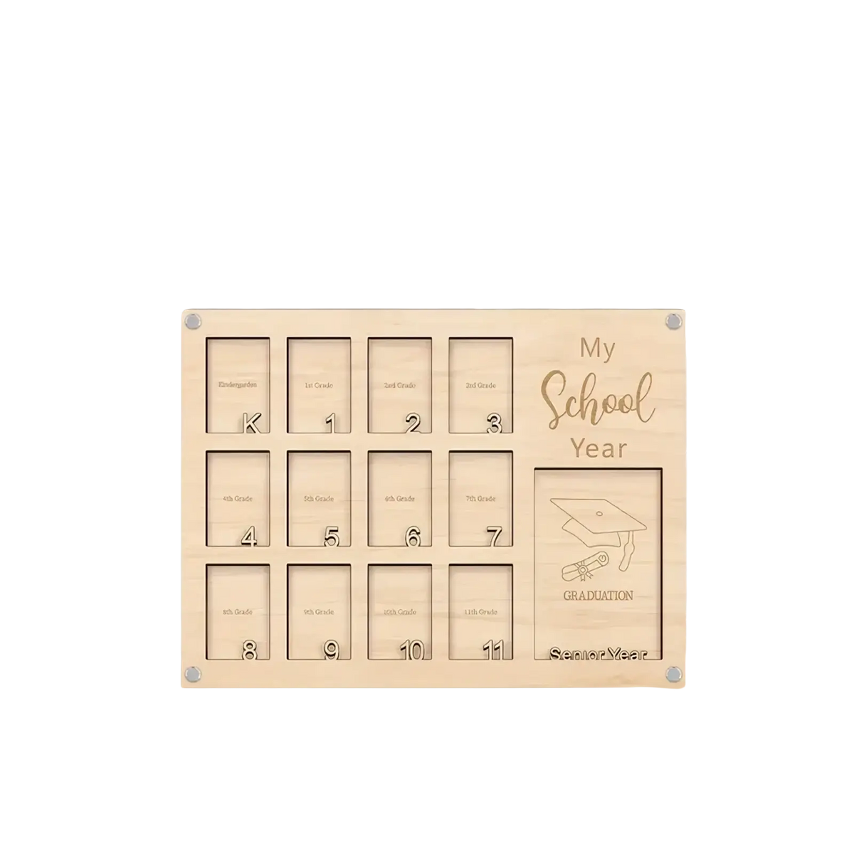 Light-colored wooden school year photo frame with engraved compartments for each grade and a graduation section