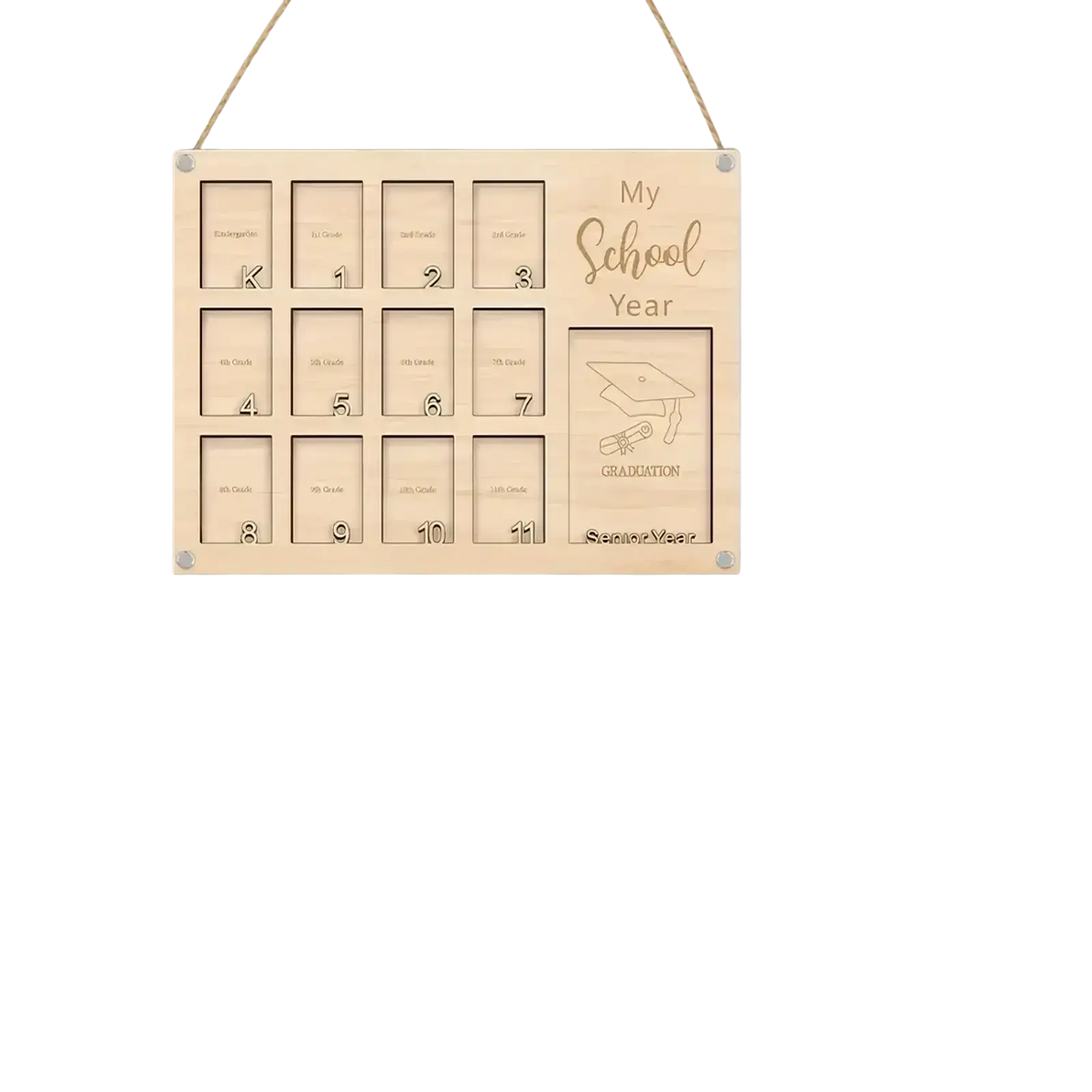 Light-colored wooden hanging photo frame with engraved school year sections and graduation cap design for school year display