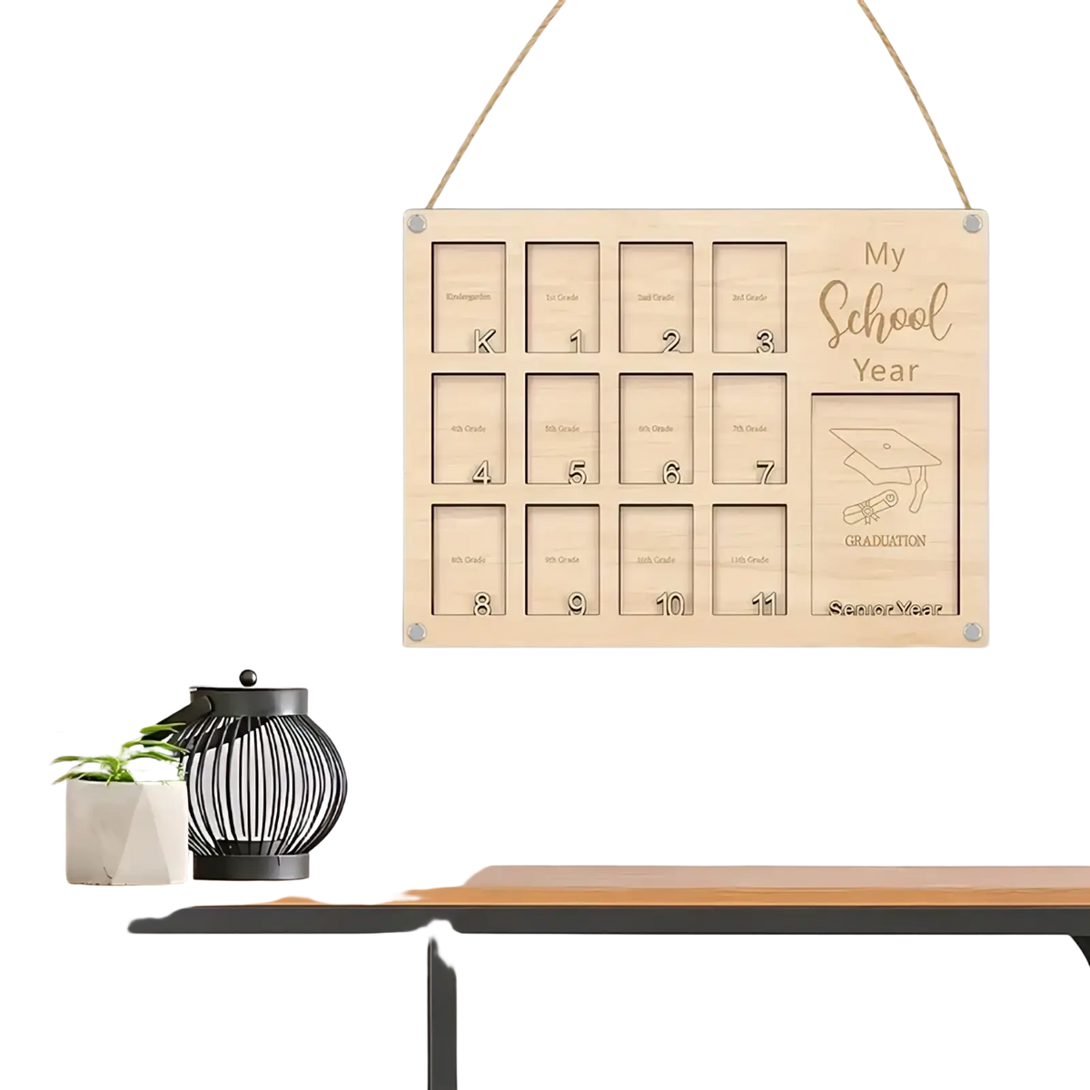 Light wood engraved wooden school year photo frame with numbered slots and graduation design for display