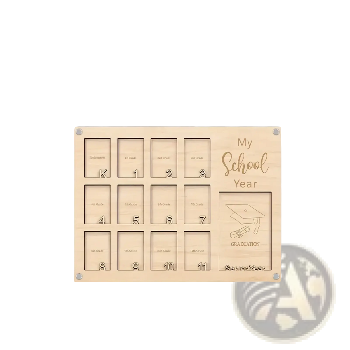 Light-colored wooden school year photo frame with engraved compartments for each grade and a graduation section
