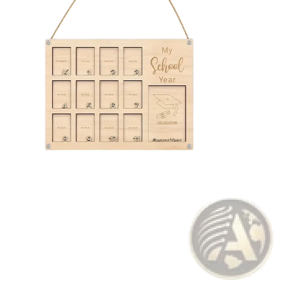 Light-colored wooden school year photo frame with engraved compartments and graduation cap illustration for display