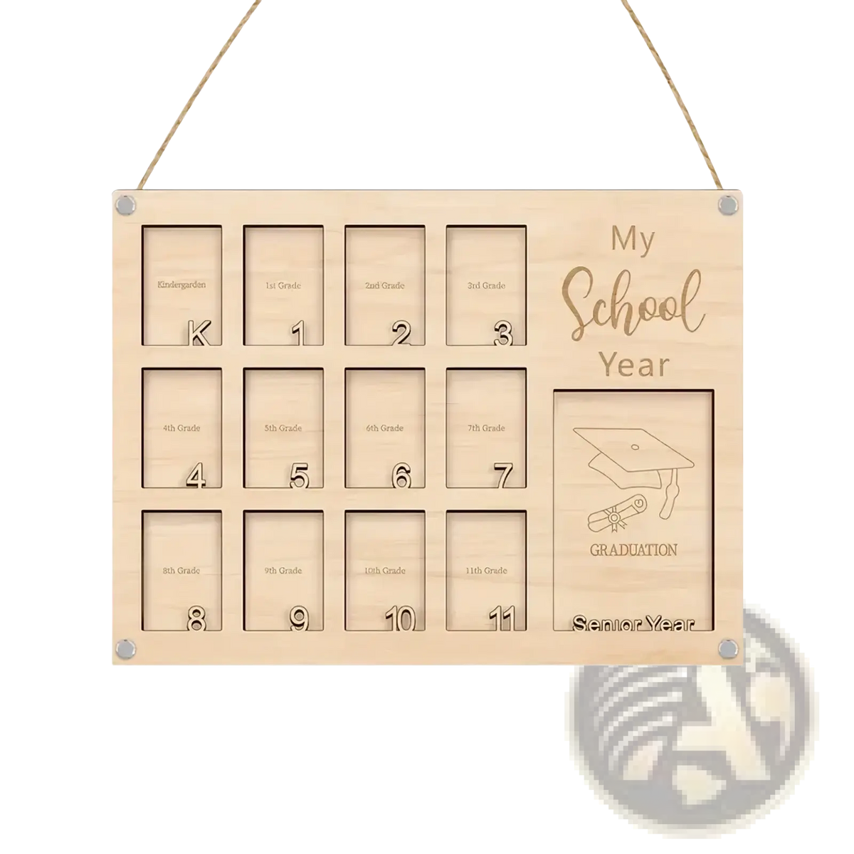 Light-colored wooden school year photo frame with engraved grade slots and a graduation design for display