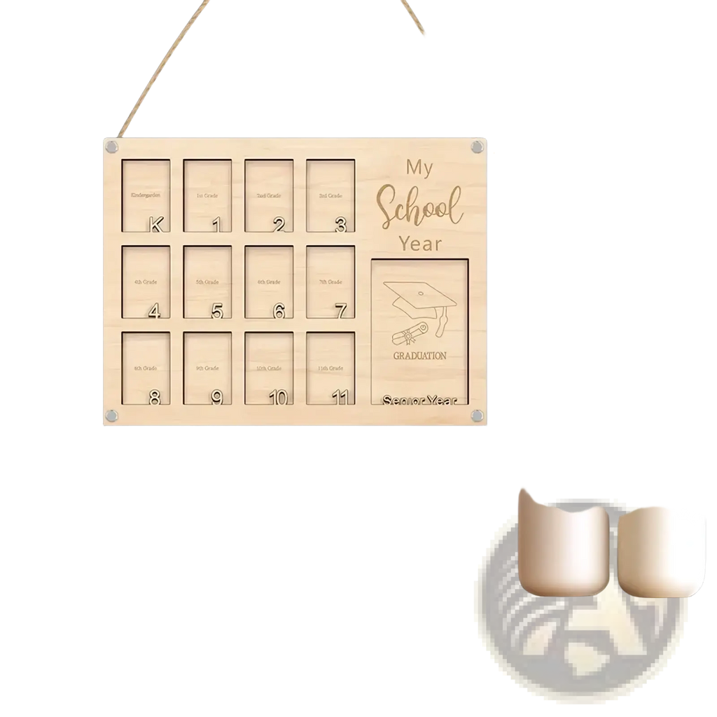 Light-colored wooden hanging calendar with engraved photo slots and graduation-themed design for school year display