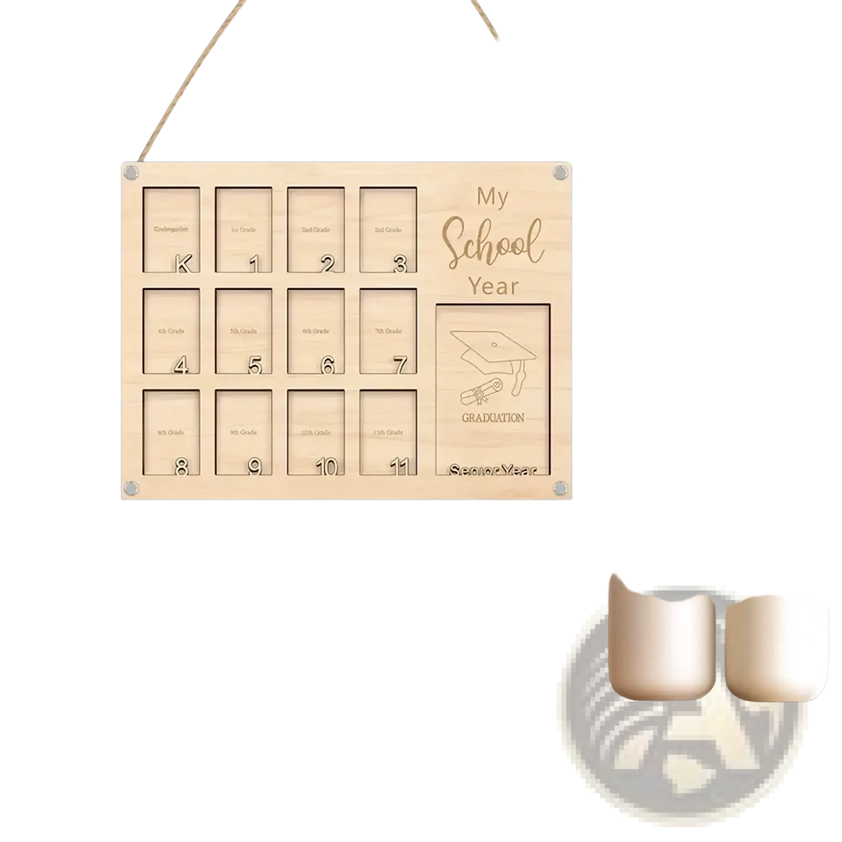 Light-colored wooden hanging calendar with engraved photo slots and graduation-themed design for school year display