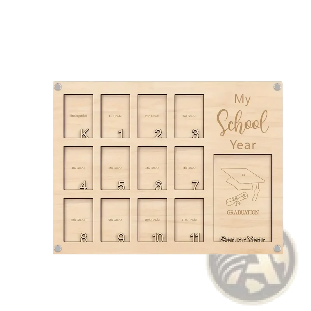 Light-colored wooden school year photo frame with engraved grade slots and graduation illustration for display