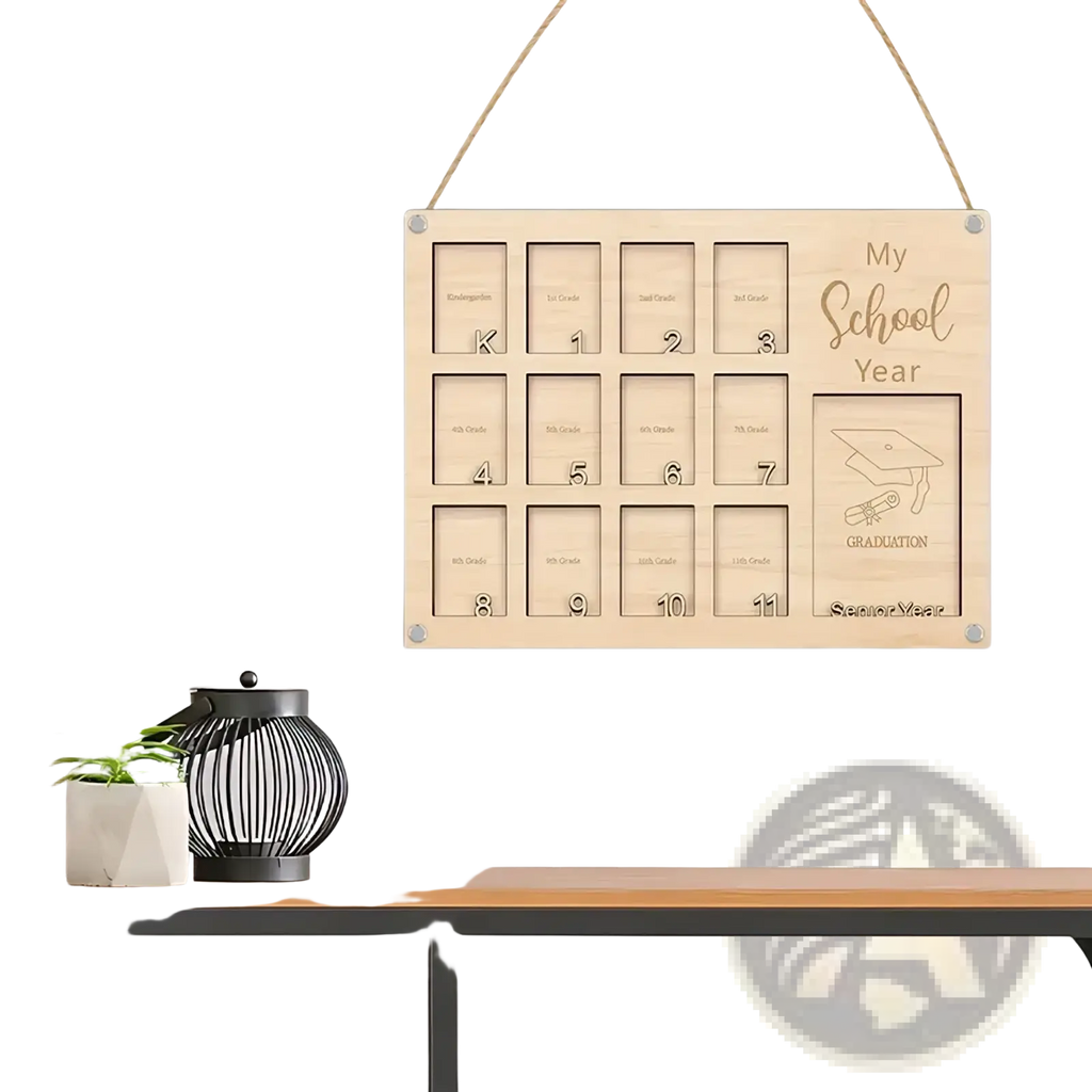 Light wood engraved wooden school year photo frame with numbered slots and graduation design for display