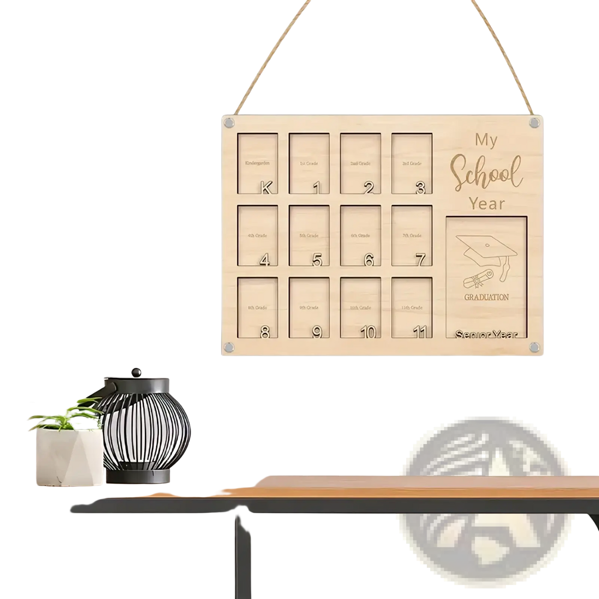 Light wood engraved wooden school year photo frame with numbered slots and graduation design for display