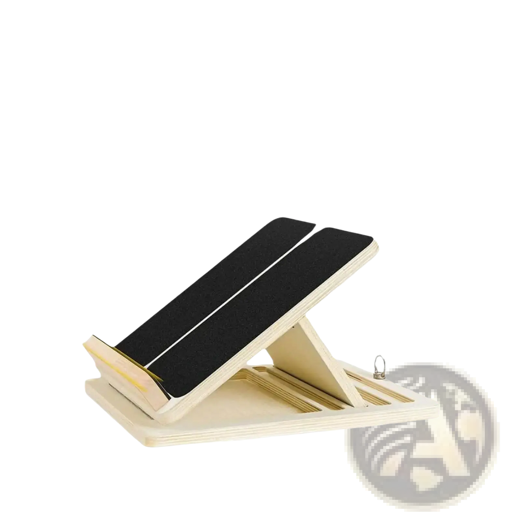 Adjustable wooden slant board calf stretcher with black textured grip surfaces and metal hook on the side
