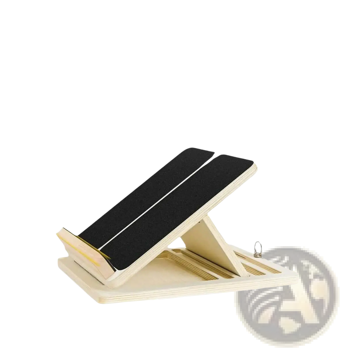 Adjustable wooden slant board calf stretcher with black textured grip surfaces and metal hook on the side