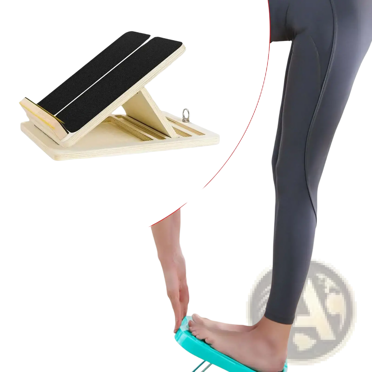 Adjustable wooden slant board calf stretcher with black rubber grips and metal loop for secure attachment