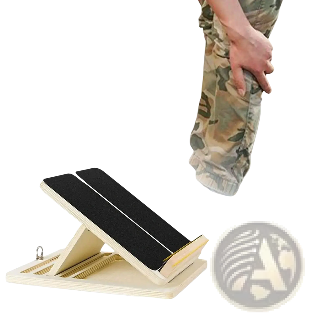 Light-colored wooden slant board calf stretcher with black textured foot pads and metal loop foldable design