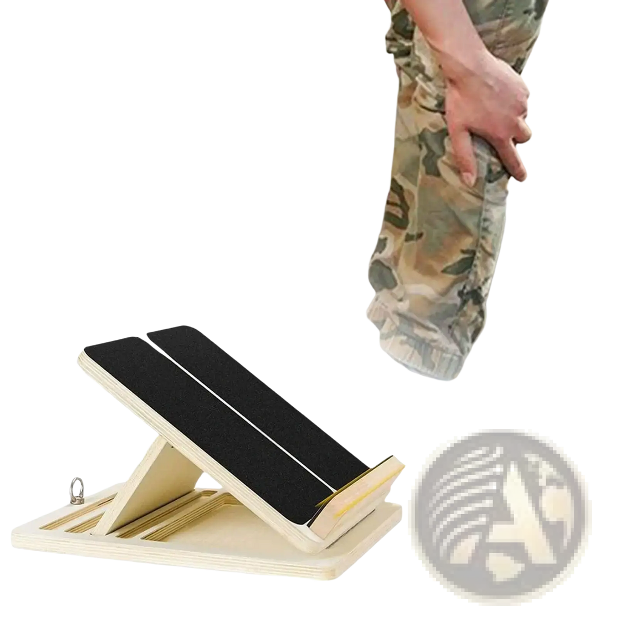 Light-colored wooden slant board calf stretcher with black textured foot pads and metal loop foldable design