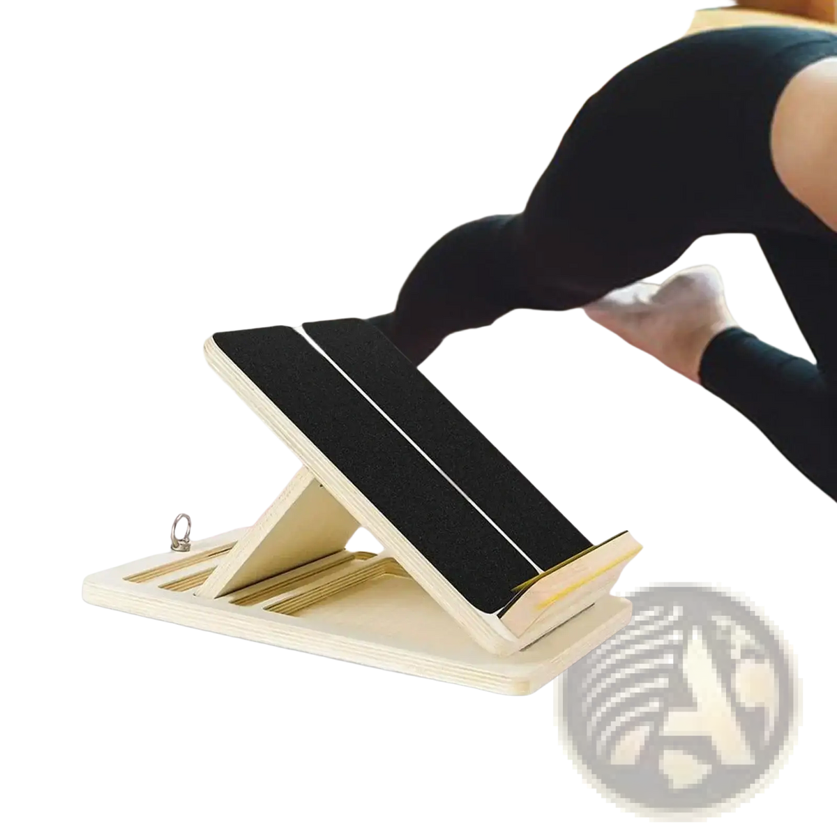 Wooden slant board calf stretcher foldable with light wood and black textured grip surfaces with silver keychain attached