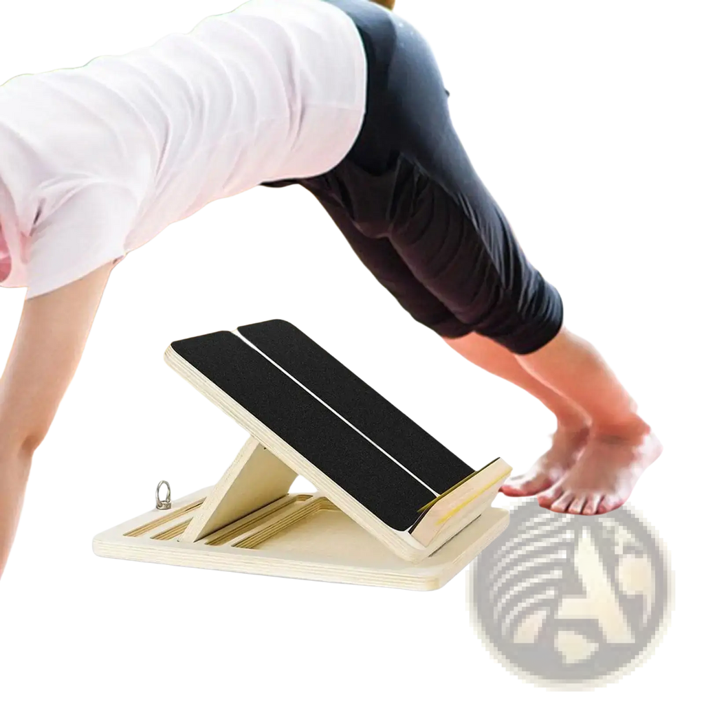 Wooden slant board calf stretcher with light wood frame black textured grips and silver metal loop foldable design