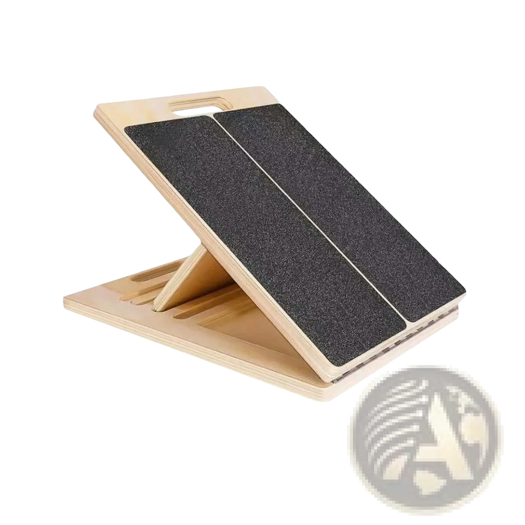 Wooden slant board calf stretcher in light wood with black textured grip surfaces and handle cutout foldable design