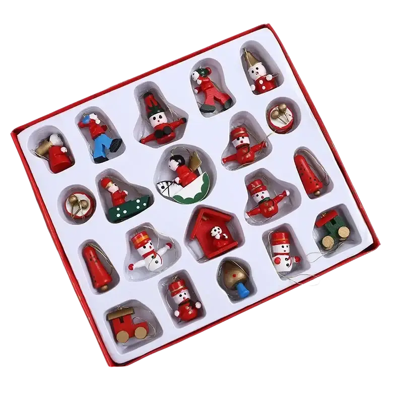 Wooden small christmas ornament set of 20 red white and green festive figures including snowmen musicians and trains