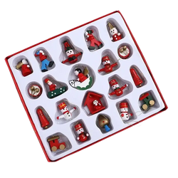Wooden small christmas ornament set of 20 red white and green festive figures including snowmen musicians and trains