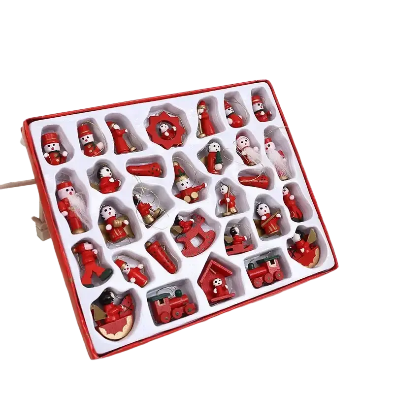 Red wooden small christmas ornament set displayed in a matching red box for holiday decor