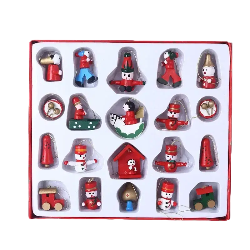 Set of red and white wooden small christmas ornaments featuring snowmen soldiers trains and festive figures in a box