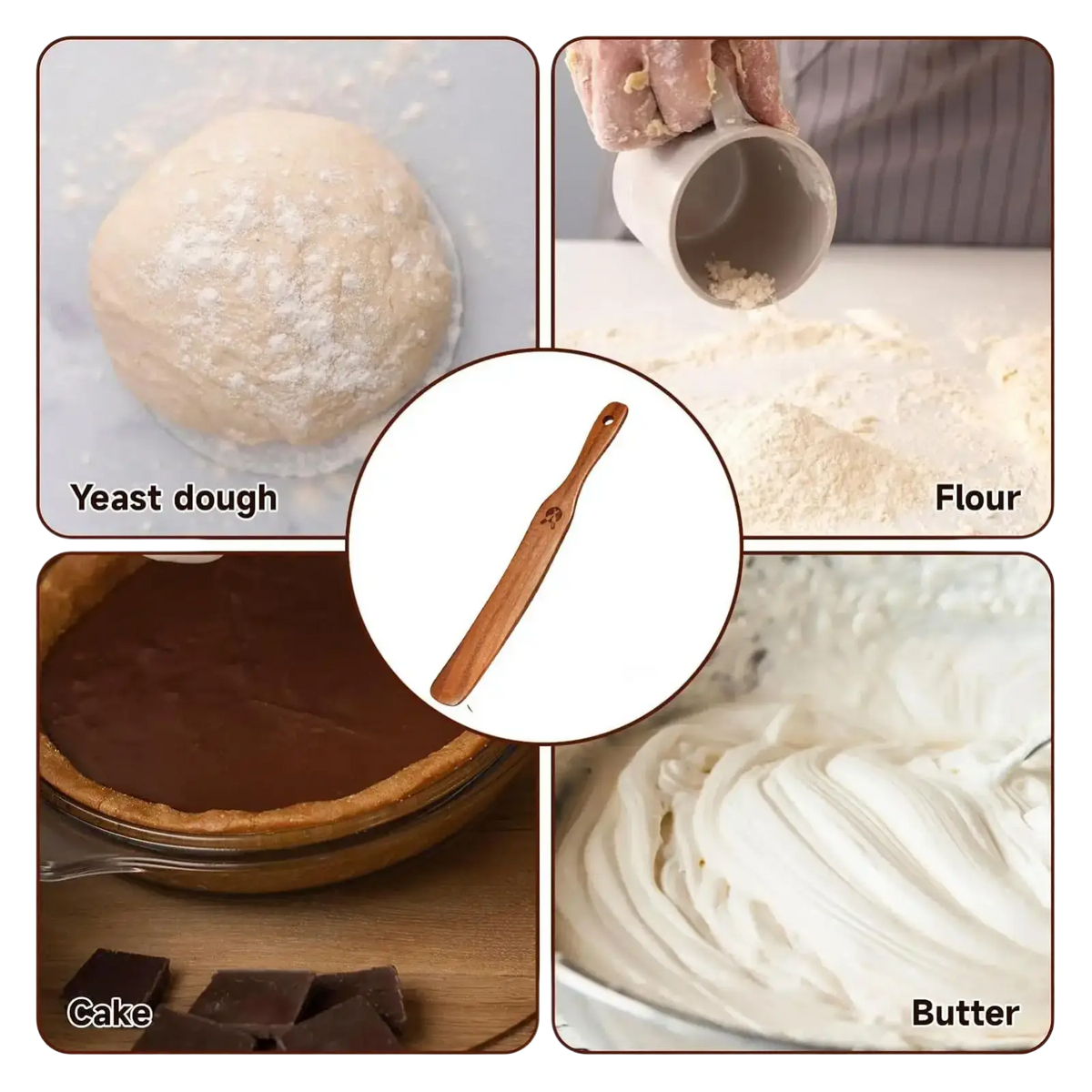 Wooden sourdough spatula and dough scraper with smooth light brown finish and small hole at the top end