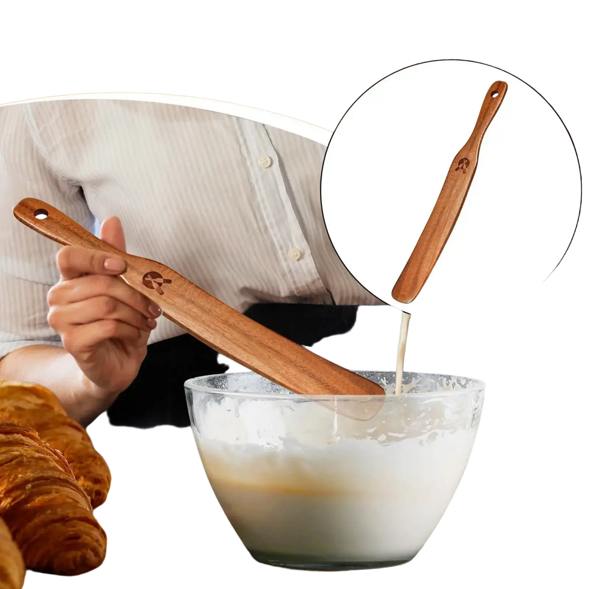 Wooden sourdough spatula and dough scraper with smooth light brown finish and engraved logo near the handle