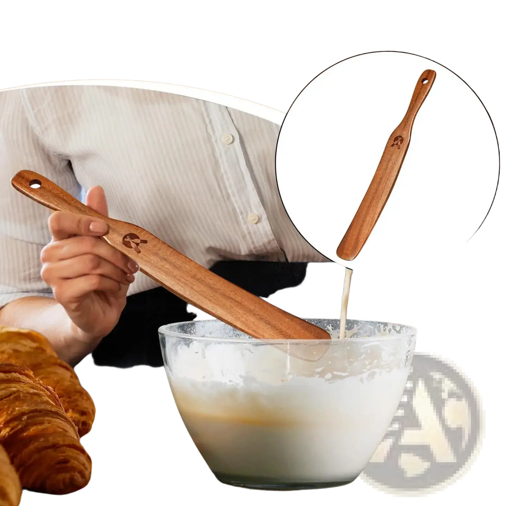 Wooden sourdough spatula and dough scraper with smooth light brown finish and engraved logo near the handle