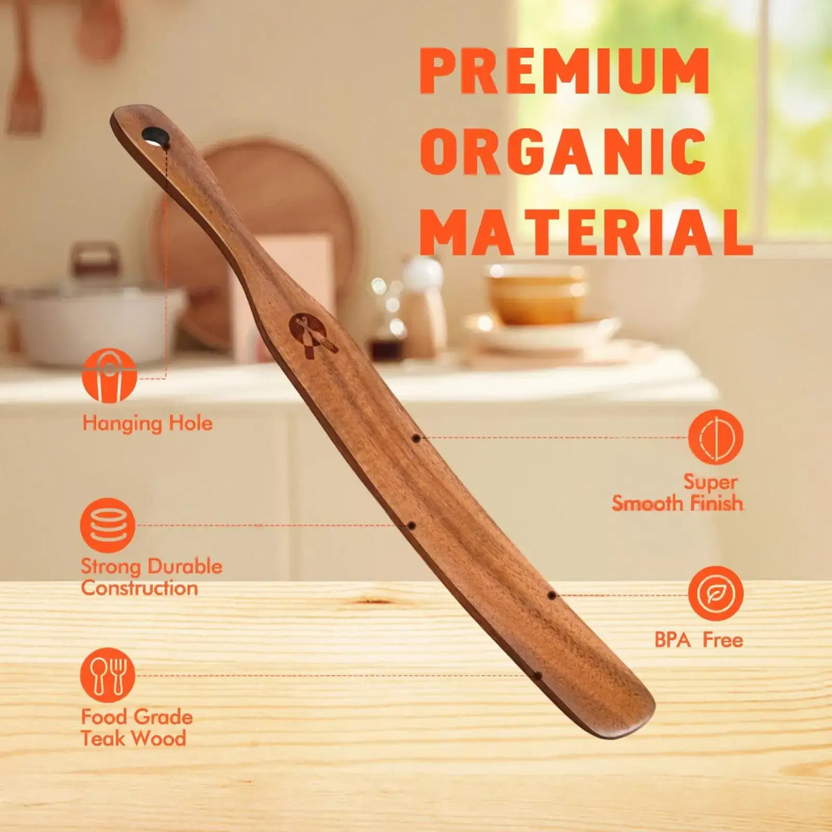 A sleek curved wooden sourdough spatula and dough scraper with natural teak finish and hanging hole on handle