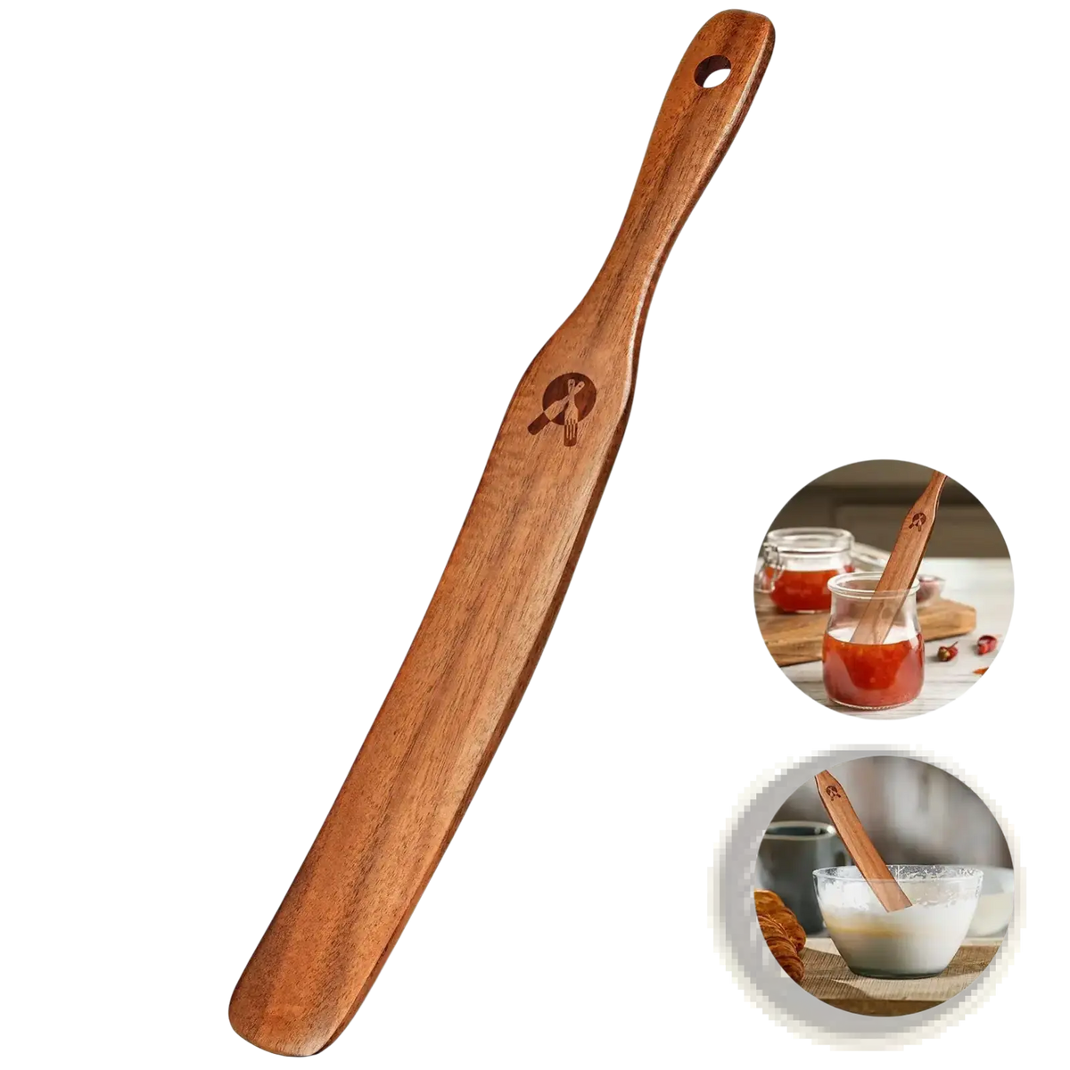 A sleek light brown wooden sourdough spatula and dough scraper with a smooth finish and engraved logo near the handle