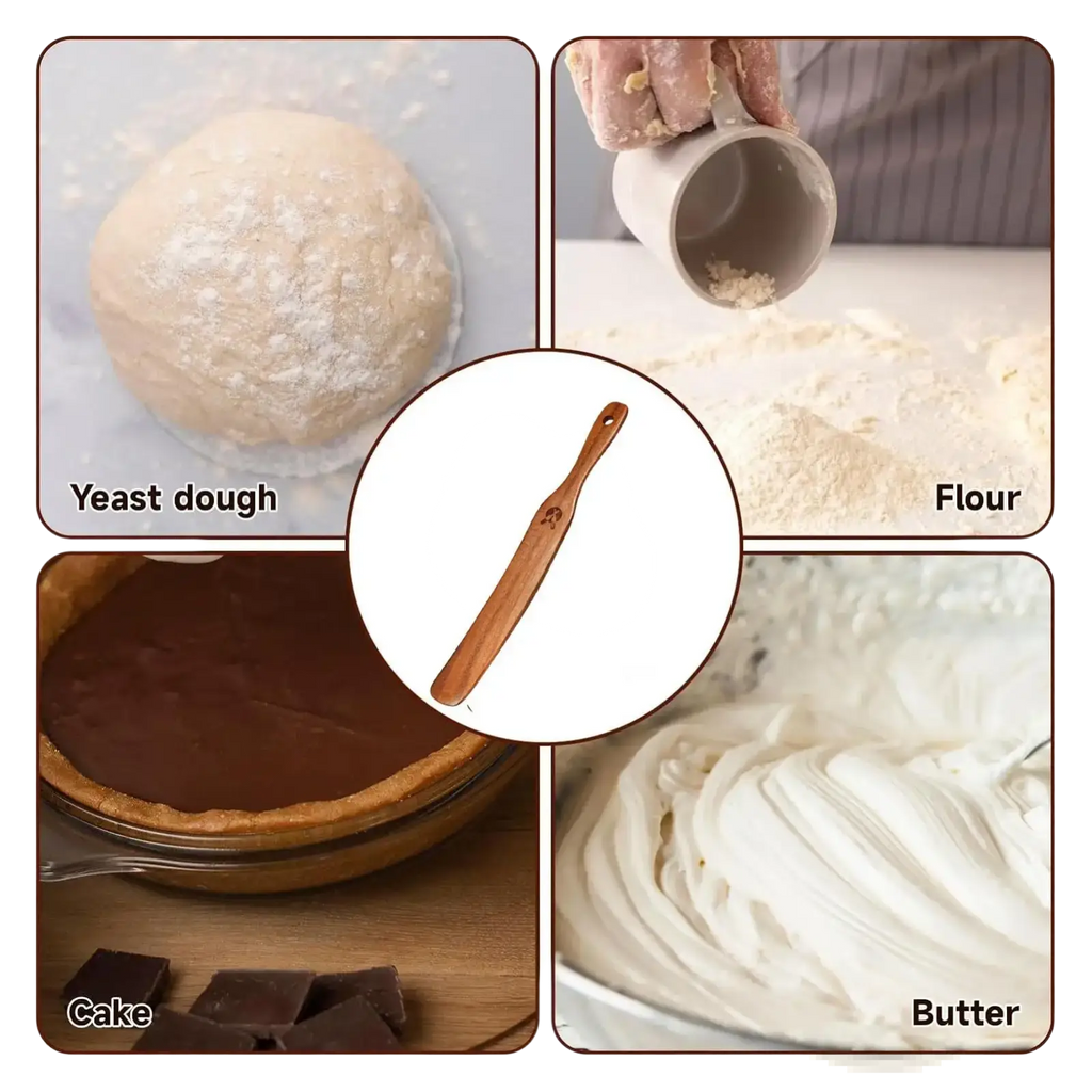 Wooden sourdough spatula and dough scraper with smooth light brown finish and small hole at the top end