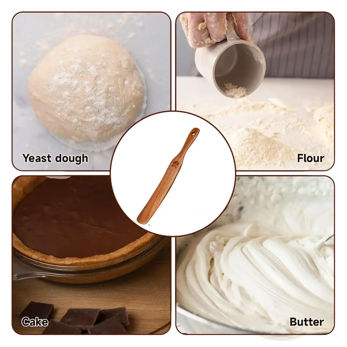 Wooden sourdough spatula and dough scraper with smooth light brown finish and small hole at the top end