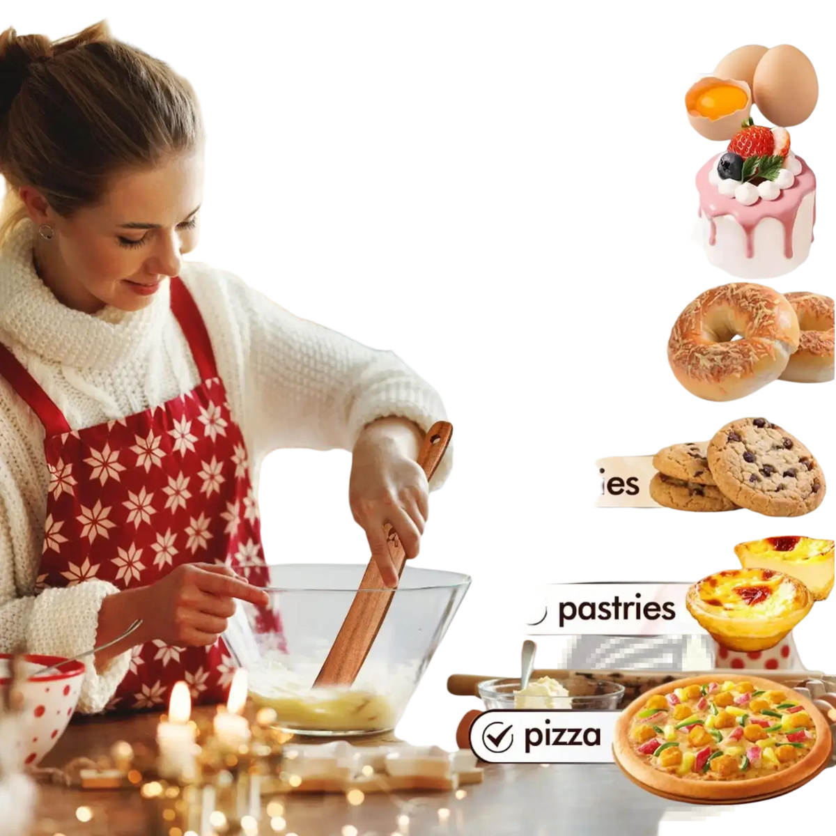 Woman in red and white snowflake apron stirring batter with wooden sourdough spatula and dough scraper