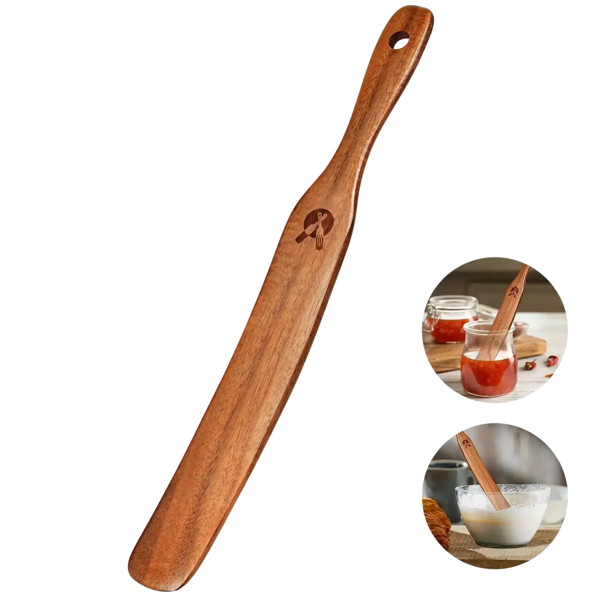 A sleek light brown wooden sourdough spatula and dough scraper with a smooth finish and engraved logo near the handle