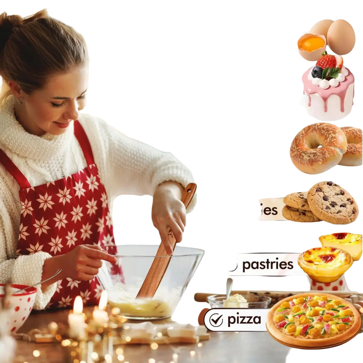 Woman in red and white snowflake apron stirring batter with wooden sourdough spatula and dough scraper