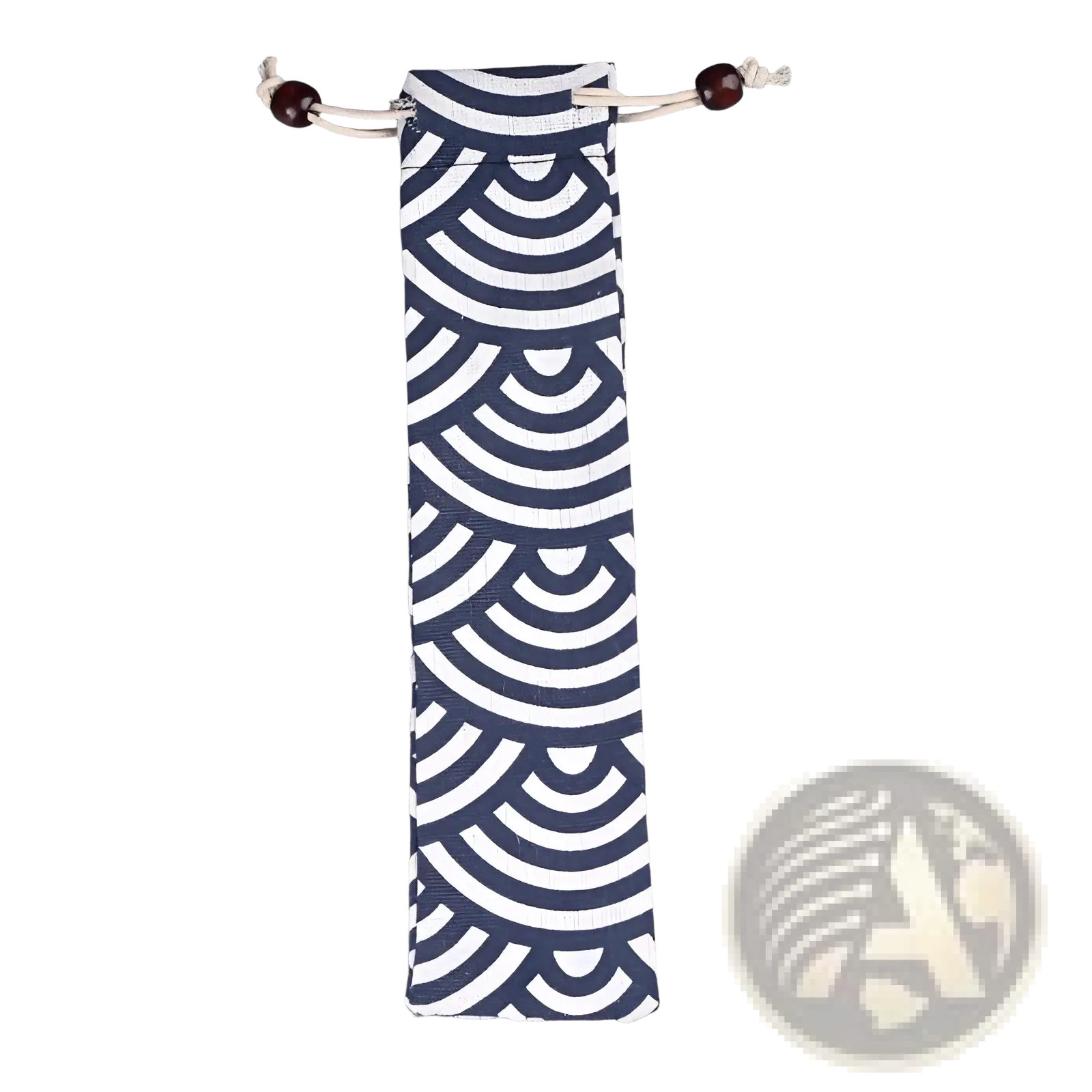 Wooden spoon and fork set kitchen utensil tools 9 pack in a navy blue and white wave pattern fabric pouch with cream drawstrings and dark wooden beads