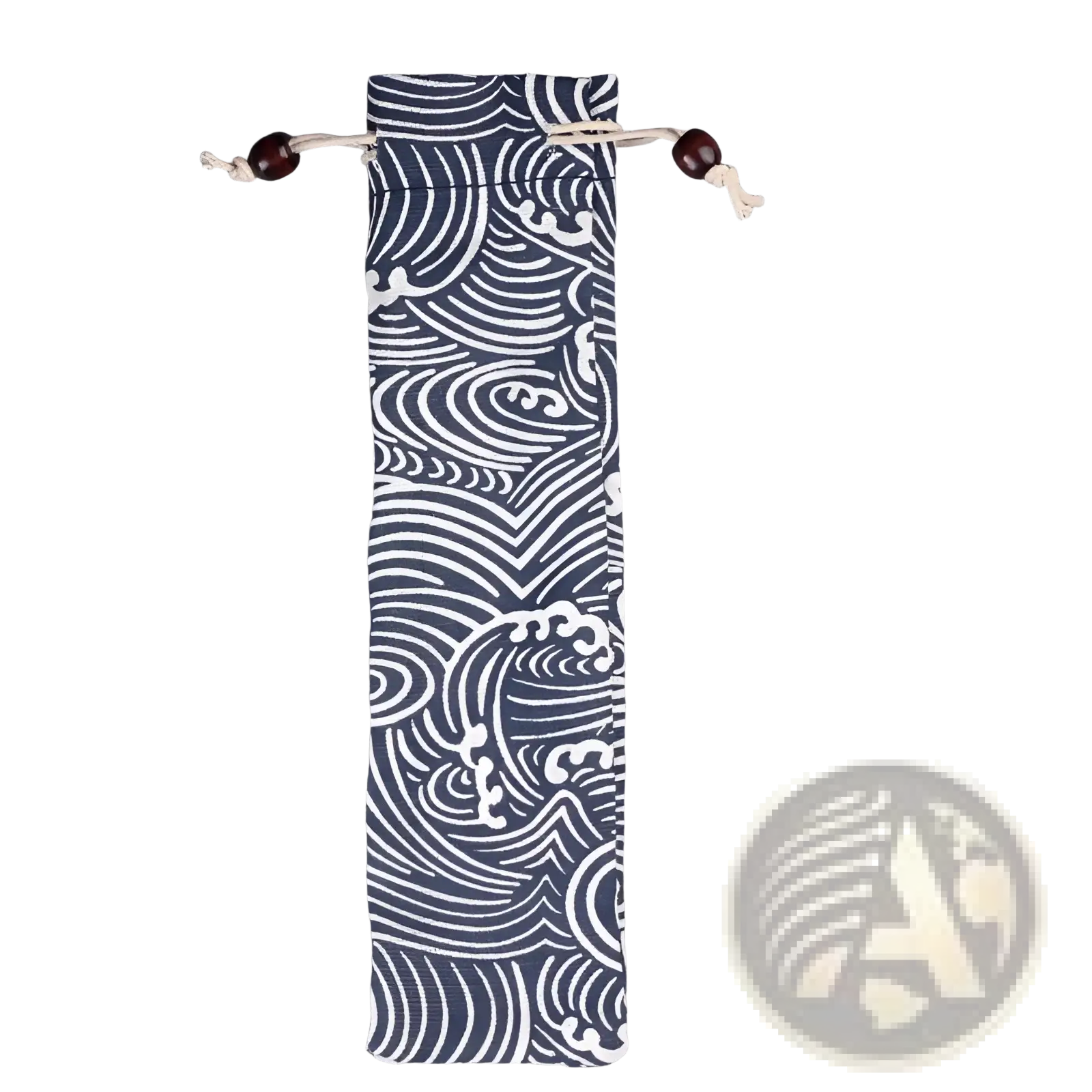 A navy blue fabric pouch with a white wave pattern and wooden bead drawstring for wooden spoon and fork set kitchen utensils