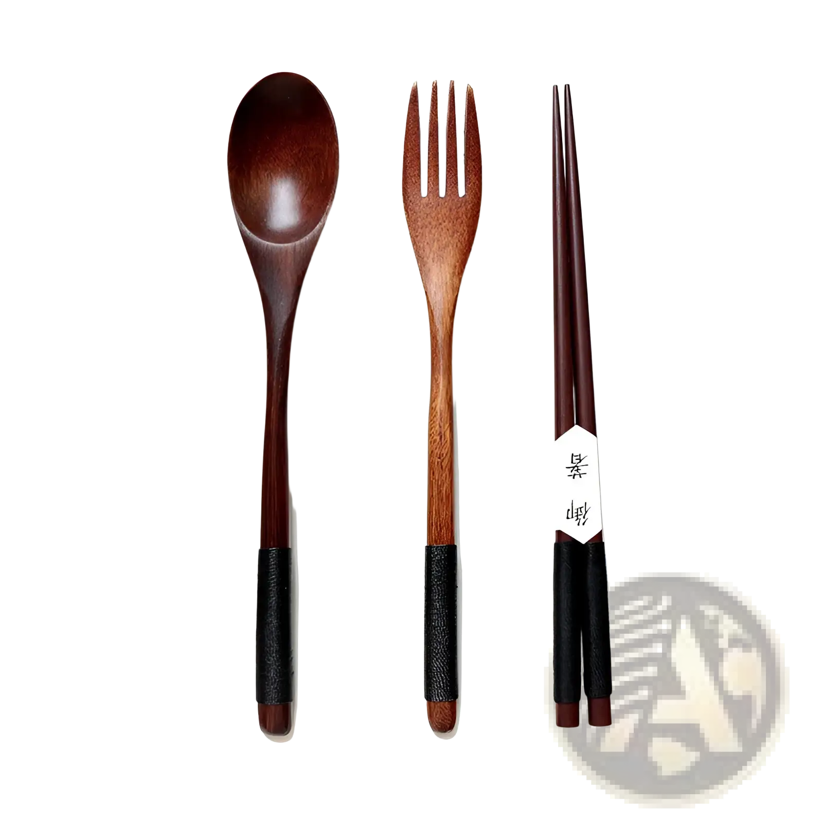 Set of eight-piece wooden kitchen cutlery with dark brown handles wrapped in black textured material