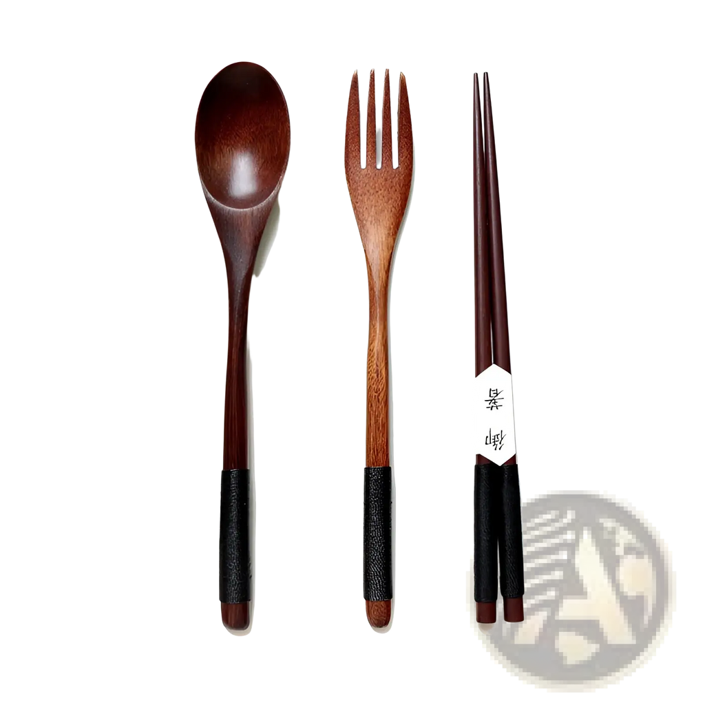 Set of three dark brown wooden spoon and fork utensils with black textured grips for kitchen use in a 9 pack