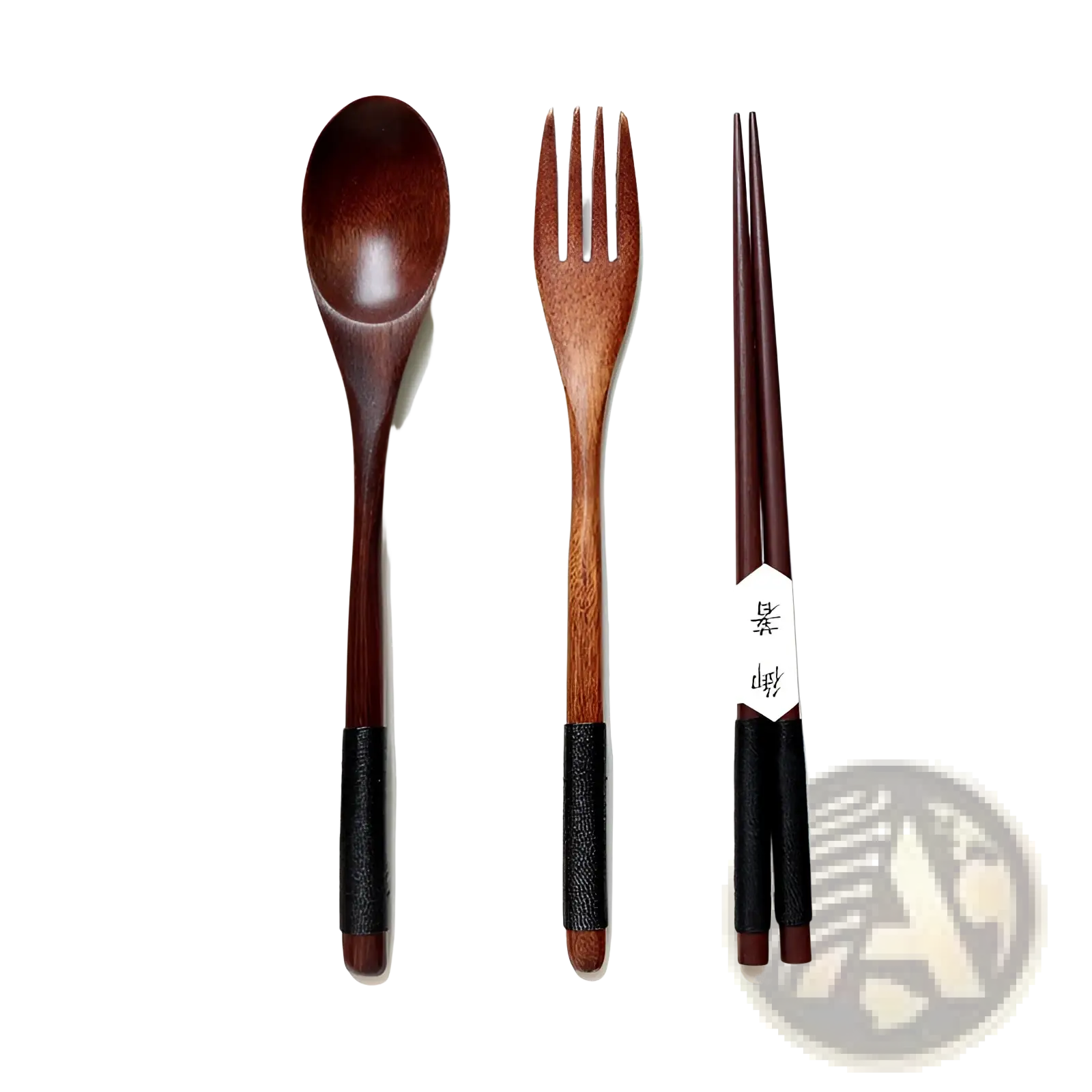 Set of three dark brown wooden spoon and fork utensils with black textured grips for kitchen use in a 9 pack
