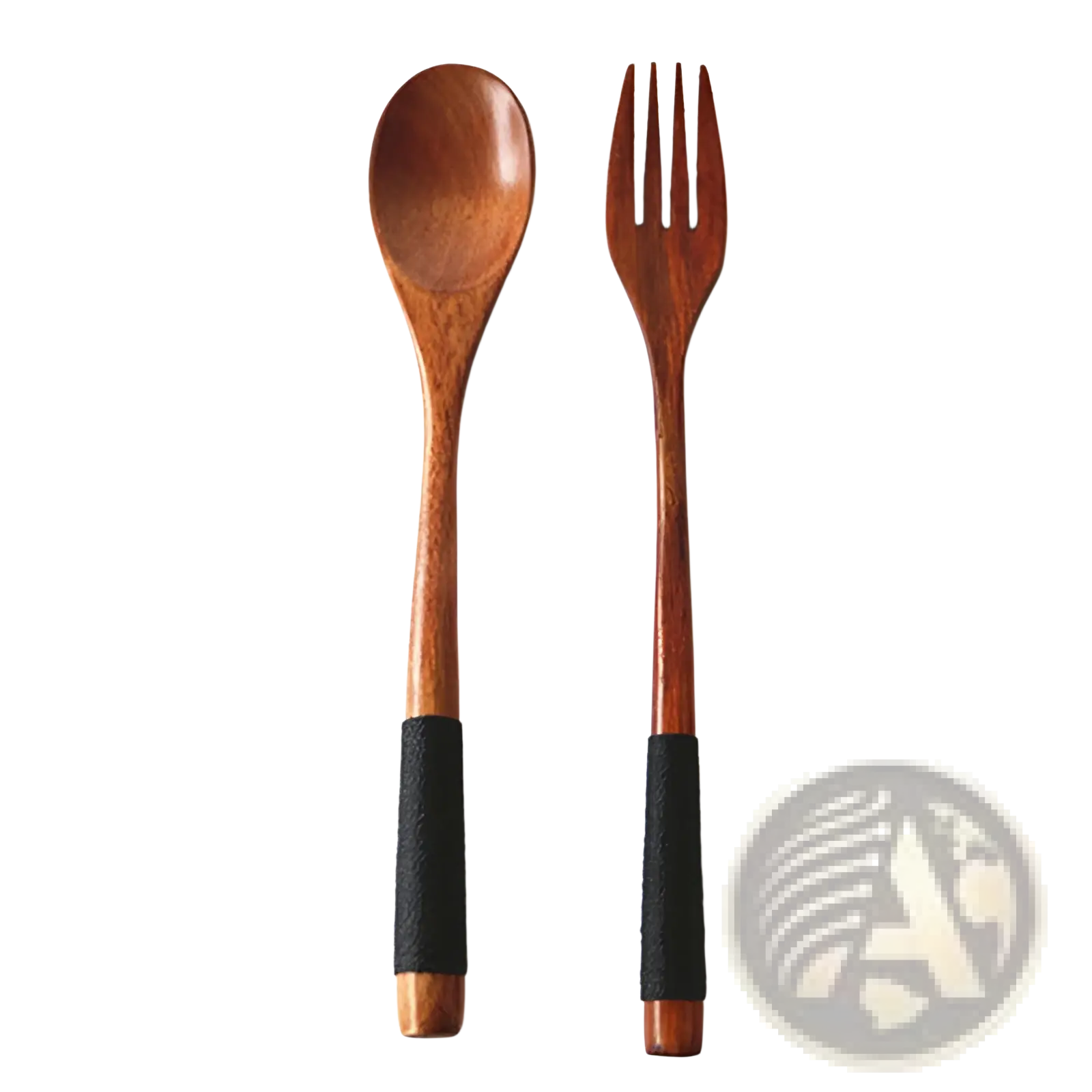 Wooden spoon and fork set with black textured grip bands made of wood for kitchen utensil tools 9 pack