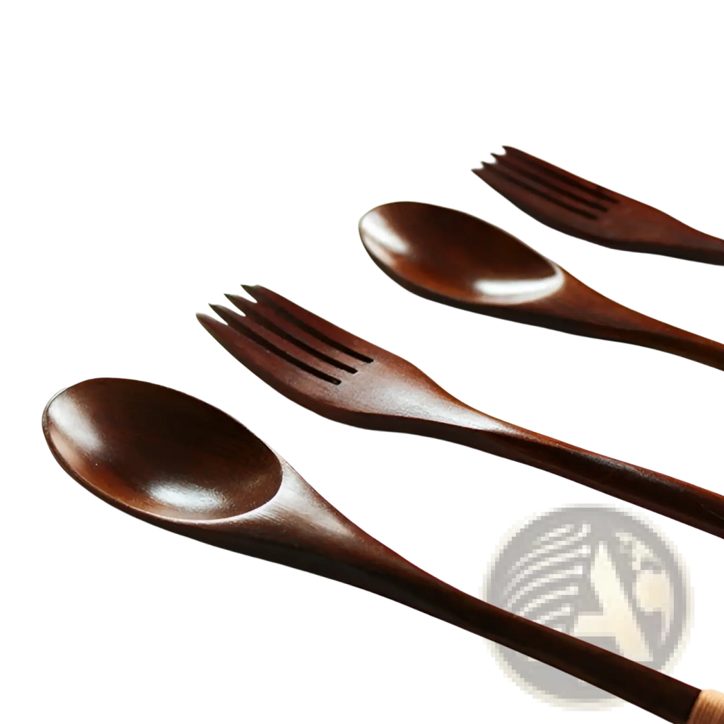Set of four dark brown wooden spoons and forks with smooth polished surfaces from kitchen utensil 9 pack
