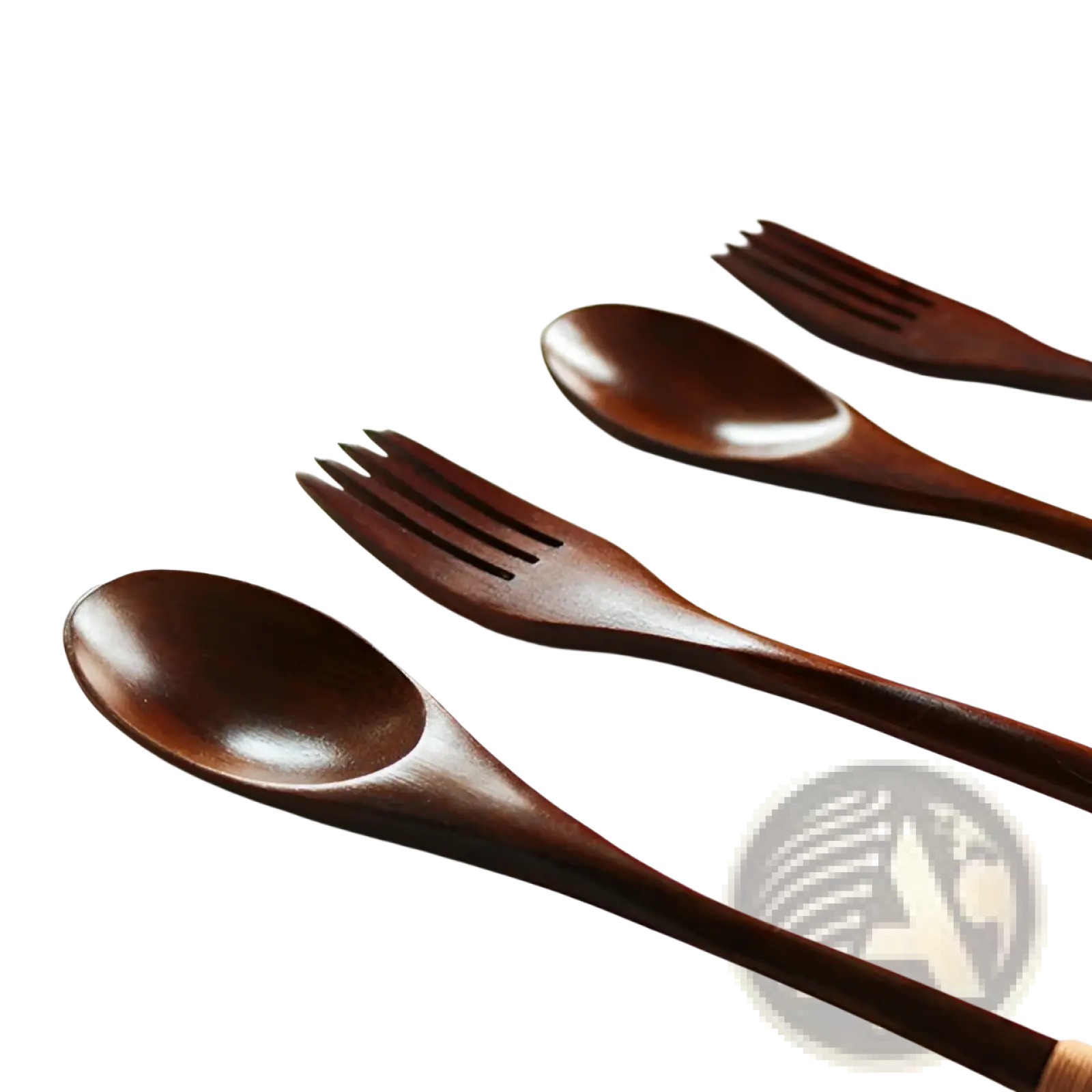 Set of four dark brown wooden spoons and forks with smooth polished surfaces from kitchen utensil 9 pack