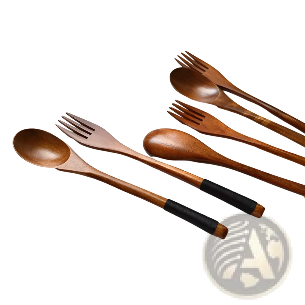 Set of six wooden spoons and forks with black-wrapped handles and warm brown finish kitchen utensil tools 9 pack