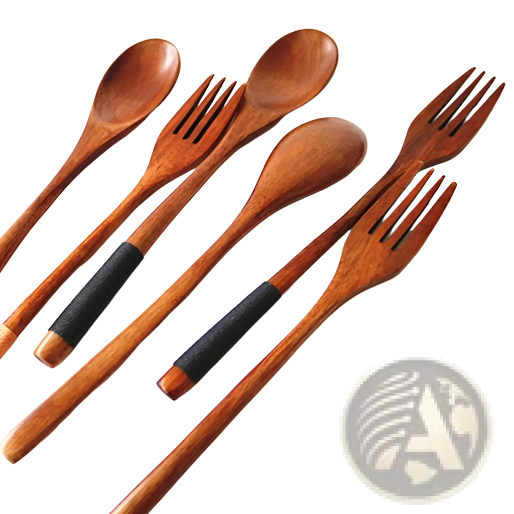 Set of six wooden spoons and forks with black rubberized grips in a kitchen utensil tools 9 pack