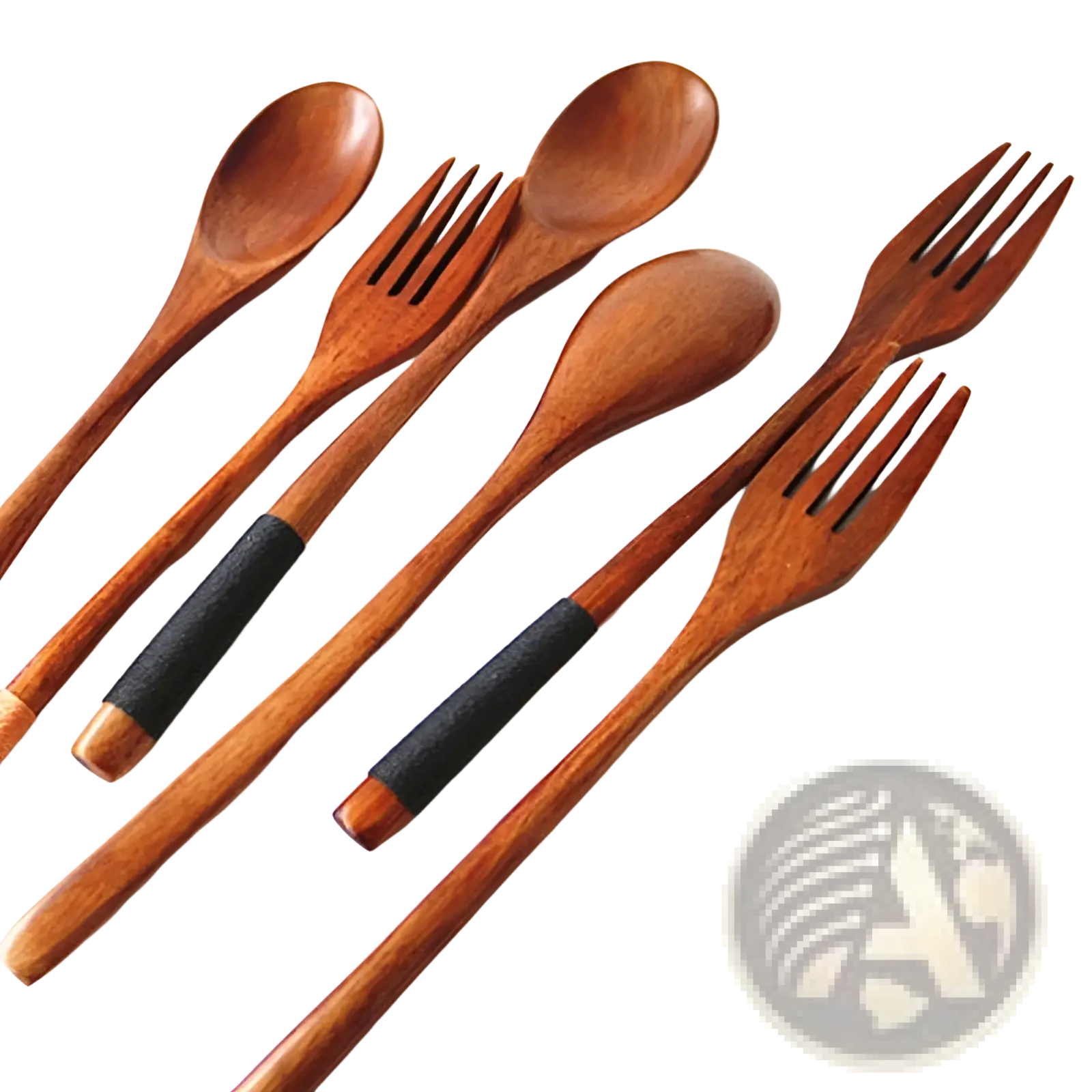 Set of six wooden spoons and forks with black rubberized grips in a kitchen utensil tools 9 pack