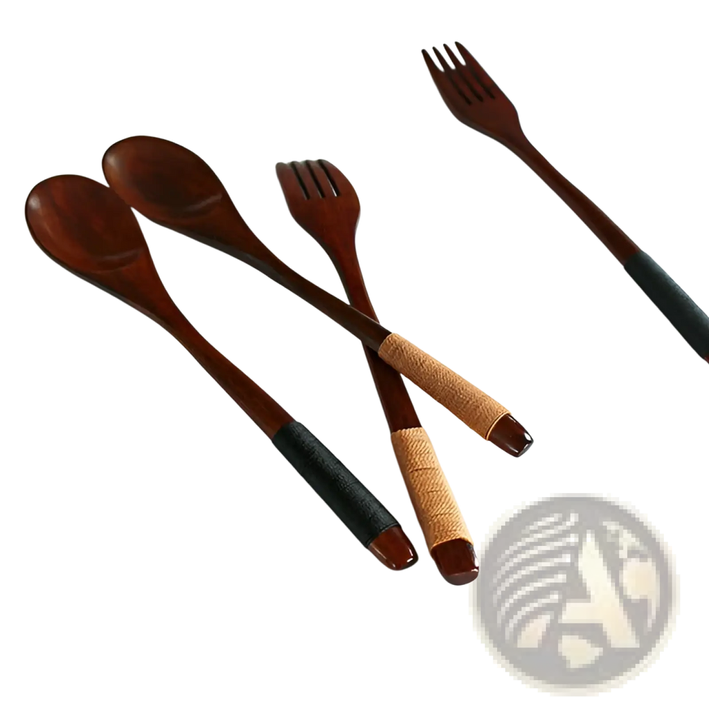 Wooden spoon and fork set 9 pack with textured black and tan wrapped handles for kitchen utensil tools