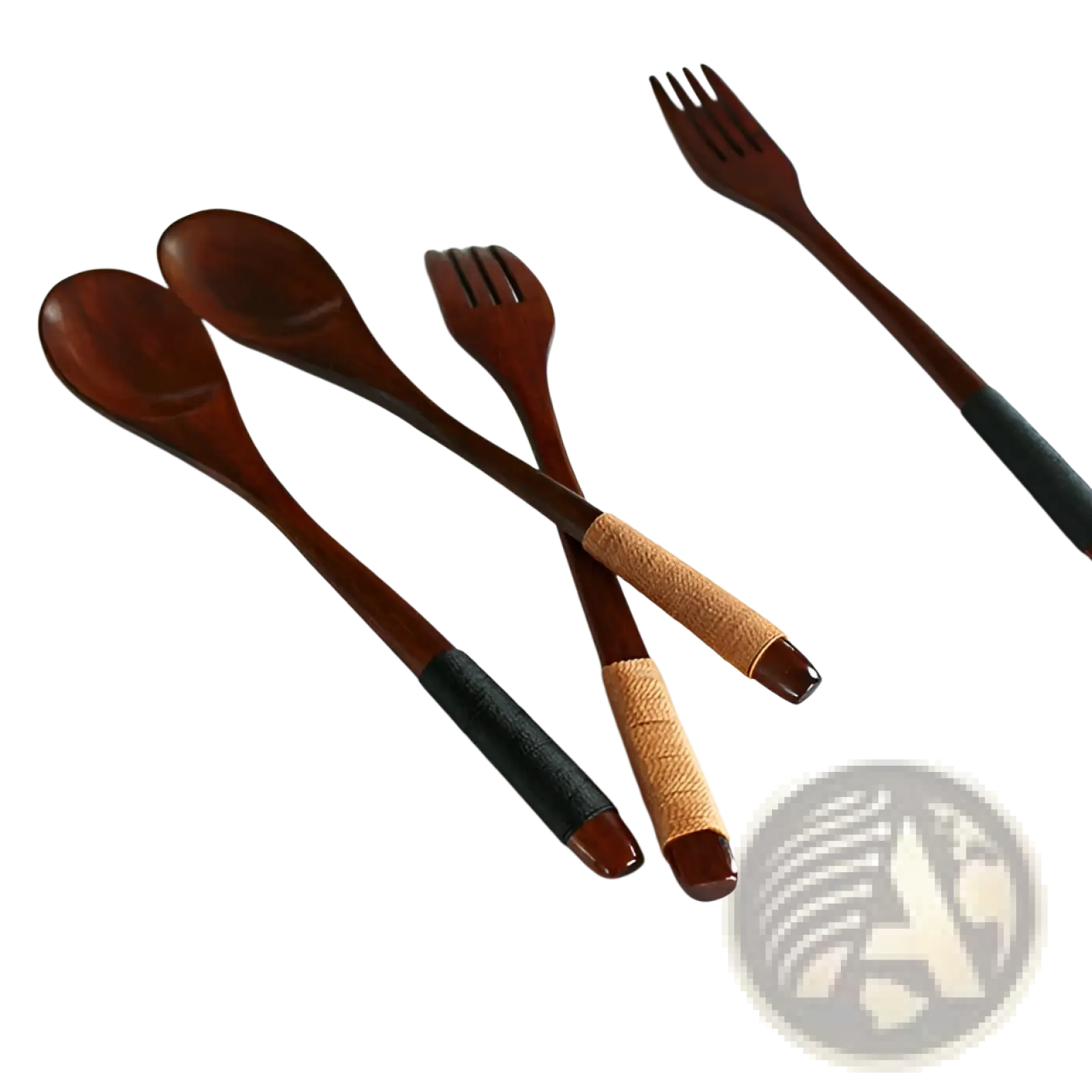 Wooden spoon and fork set 9 pack with textured black and tan wrapped handles for kitchen utensil tools