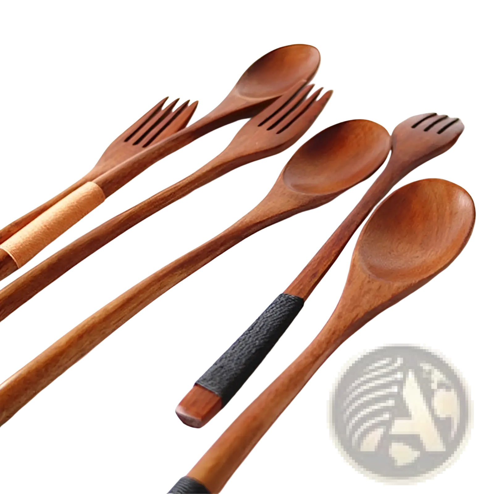Set of 9 wooden spoons and forks kitchen utensil tools with natural wood grain and black textured grip bands