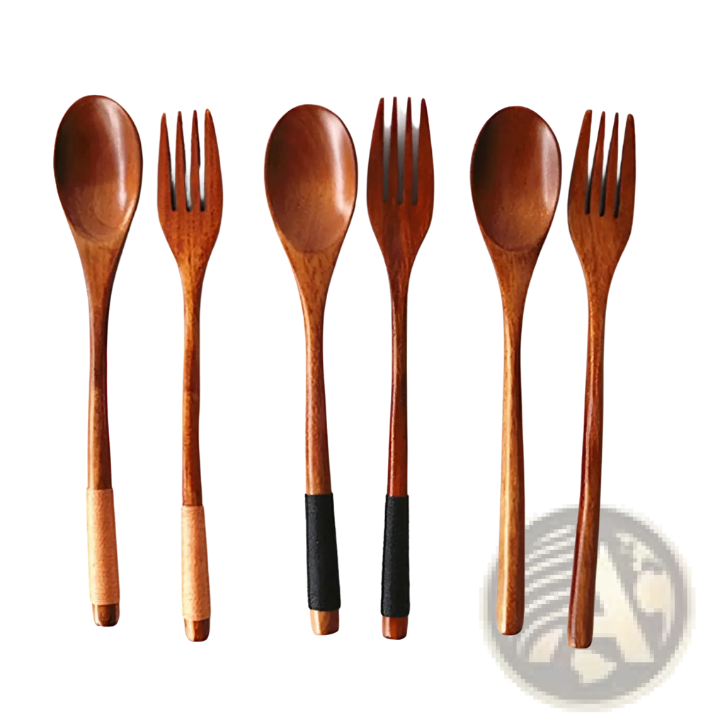 Set of three wooden spoons and forks with natural wood grain and black rubberized grip bands kitchen utensil tools