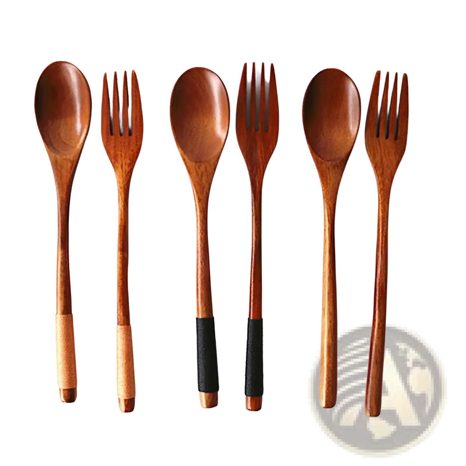 Set of three wooden spoons and forks with natural wood grain and black rubberized grip bands kitchen utensil tools