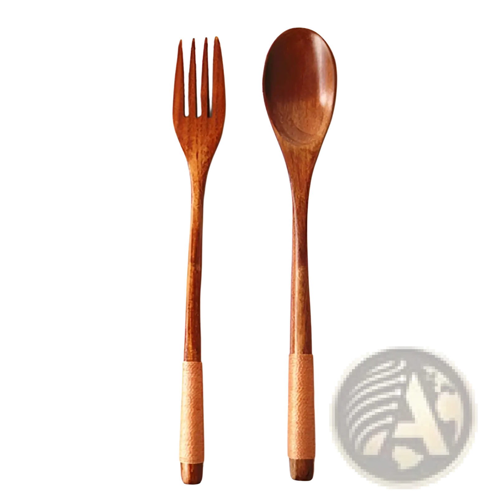 Wooden spoon and fork set with smooth brown handles and lighter bamboo grips for kitchen utensil tools 9 pack